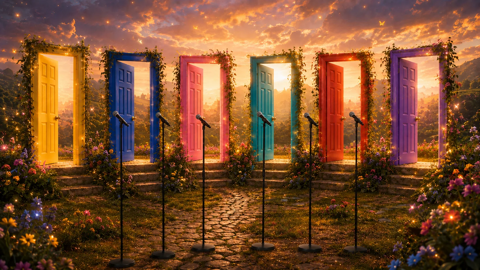 A row of colorful doors from the Home in Every Heart visual world